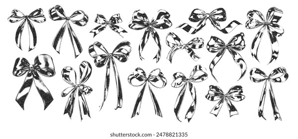 Bow ribbons with vintage stipple effect, y2k coquette collage design. Monochrome photocopy retro design elements. Vector illustration for grunge gothic surreal poster