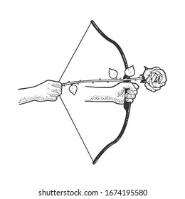 arco con flecha de flor rosa es el dibujo grabado ilustración vectorial. Diseño de impresión de prendas de pantalones en T. La imitación de la tabla de raquetas. Imagen dibujada a mano en blanco y negro.
