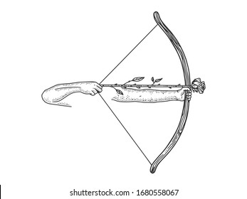 bow with rose flower arrow s sketch engraving vector illustration. T-shirt apparel print design. Scratch board imitation. Black and white hand drawn image.