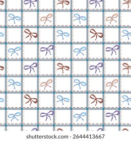 Bow seamless checkered pattern in pastel tones. Square grid design with ribbon elements. For fabric, textile, wrapping paper, or baby-themed projects. Vector illustration