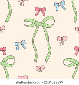 Bow seamless pattern. Decorative band endless background. Coquet gift and present beauty accessories repeat cover. Bowknot continuous ornament. Vector hand drawn illustration.