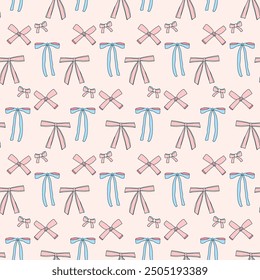 Bow seamless pattern. Decorative bands endless background. Coquet gift and present beauty accessories repeat cover. Bowknot continuous ornament. Vector hand drawn illustration.