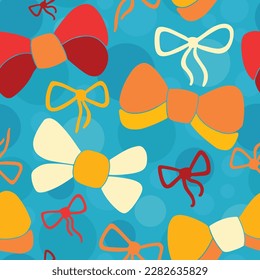 Bow seamless pattern on turquoise background. Hand drawn flat design. For print on textile, wrapping paper, packaging, web design.