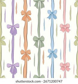 Bow seamless pattern with pink, blue colorful bows and silk ribbons. , happy birthday seamless pattern, celebration, anniversary, gift, wrapping paper, textile