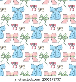 Bow seamless pattern. Silk band endless background. Bowknot continuous ornament. Vector hand drawn scribble illustration.