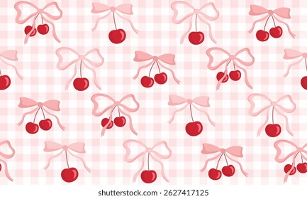 bow seamless patterns, ribbon, gift wrapping paper seamless pattern, Vector graphics. happy birthday, anniversary, party, celebration, fabric, textile, cherry and bow ribbon, check, red