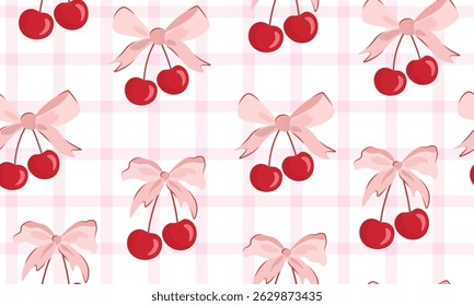 bow seamless patterns, ribbon, gift wrapping paper seamless pattern, Vector graphics. happy birthday, anniversary, party, celebration, fabric, textile, cherry and bow ribbon, check, red and pink