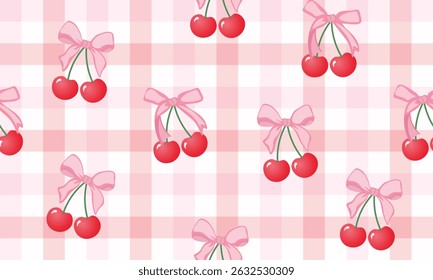 bow seamless patterns, ribbon, gift wrapping paper seamless pattern, Vector graphics. happy birthday, anniversary, party, celebration, fabric, textile, cherry and bow ribbon, red pink, check
