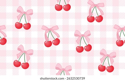 bow seamless patterns, ribbon, gift wrapping paper seamless pattern, Vector graphics. happy birthday, anniversary, party, celebration, fabric, textile, cherry and bow ribbon, red pink, check