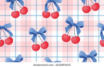 bow seamless patterns, ribbon, gift wrapping paper seamless pattern, Vector graphics. happy birthday, anniversary, party, celebration, fabric, textile, cherry and bow ribbon, red pink, check, blue