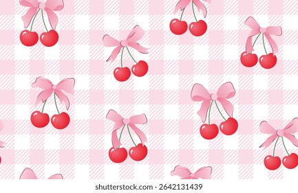 bow seamless patterns, ribbon, gift wrapping paper seamless pattern, Vector graphics. happy birthday, anniversary, party, celebration, fabric, textile, cherry and bow ribbon, check