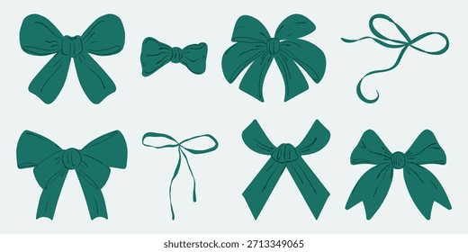 Conjunto de lazo, cintas decorativas. Colección de lazo de cinta, regalo y cabello. Paquete del arco, iconos decorativos del nudo