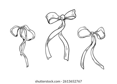 Bow set hand drawn black white outline vector illustration. Coquette bow clipart graphic sketch. Satin gift bow with ribbon line art drawing for design floral labels, festive card, packaging.