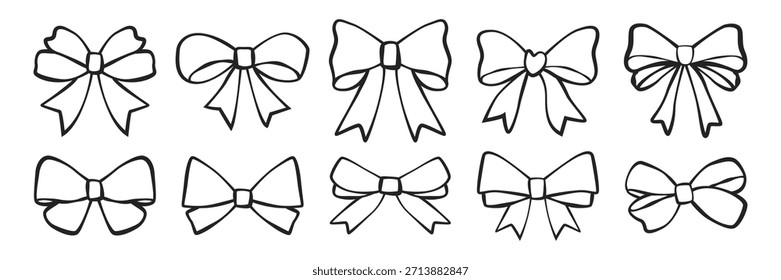 Arco puesto. Cintas de doodle dibujadas a mano, lazos para regalos, nudos de regalo y paquete de envoltura. Vector vintage ilustración aislada sobre un fondo blanco