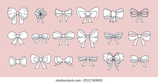 Bow set. Hand drawn illustration. Collection for celebration design and anniversary. Vector vintage illustration