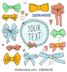 Bow Set Hand Drawn With Label. Colorful Vector Doodle Illustration For Girls.