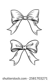 Bow set hand drawn sketch vector ribbons, silk bows for gifts, collection for holidays design.