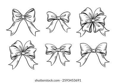 Bow set hand drawn sketch vector ribbons, silk bows for gifts, collection for holidays design.