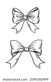 Bow set hand drawn sketch vector ribbons, silk bows for gifts, collection for holidays design.