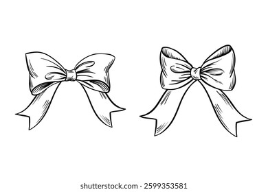 Bow set hand drawn sketch vector ribbons, silk bows for gifts, collection for holidays design.