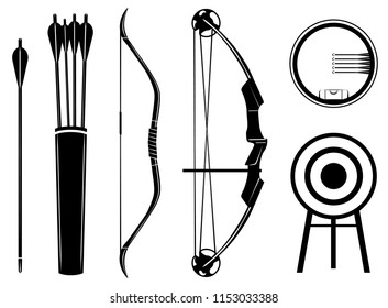 Bow Set Icon Vector Illustration. Bow, Arrow, Sight, Target And Quiver