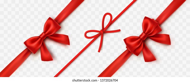 Bow set isolated on transparent background. Vector Christmas red satin bows with ribbons, xmas wrap elements template.