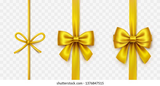 Bow set isolated on transparent background. Vector Christmas gold satin bows with ribbons, golden xmas wrap elements template.