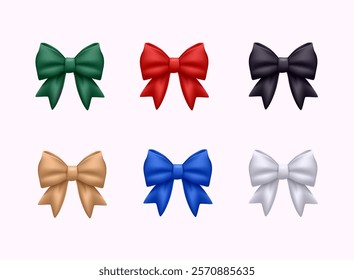 Bow Set Isolated on White.  Festive Template in colorful colors for party illustration, surprise, celebrate, gift, birthday invitation. 3D Web Vector Illustrations.