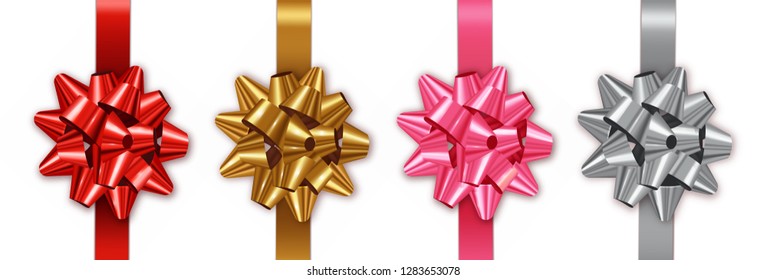 Bow set Vector realistic. Shiny Colorful collection red, silver, golden. Decor wrapping element. 3d detailed illustrations