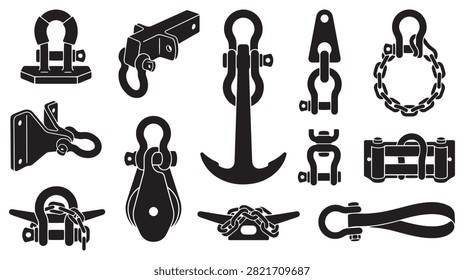 Bow Shackle Rigging Hardware Vector Silhouette Collection - Heavy Duty Anchor Cleat Marine Lifting Equipment and Crane Hook Icon Set

A detailed technical vector silhouette collection featuring heavy-duty bow shackles, marine rigging hardware, and industrial load handling components. Designed for commercial rigging schematics, maritime equipment catalogs, and mechanical vector cutting projects, this pack includes sharp black shapes of anchor shackles, hitch receivers, ship cleats, steel lifting chains, snatch pulley blocks, wire rope thimbles, crane hooks, mesh cargo nets, and swivel connectors. All vector paths are precision-rendered to prevent node overlap, making them ideal for CNC plasma cutting, laser engraving templates, and technical industrial signage.