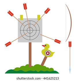 bow shooting range, equipment set with arrows, duck target and tree vector illustration, in flat style, for sports design 