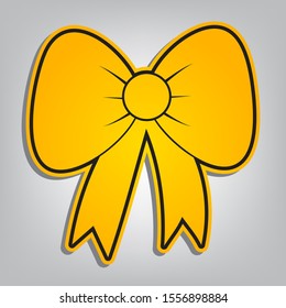 Bow sign illustration. Flat orange icon with overlapping linear black icon with gray shadow at whitish background. Illustration.