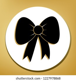 Bow sign illustration. Vector. Black icon with light brown shadow in white circle with shaped ring at golden background.