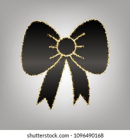 Bow sign illustration. Vector. Blackish icon with golden stars at grayish background.