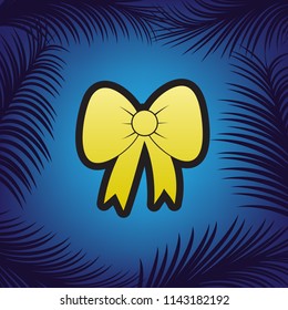 Bow sign illustration. Vector. Golden icon with black contour at blue background with branches of palm trees.