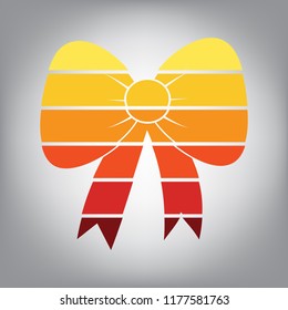 Bow sign illustration. Vector. Horizontally sliced icon with colors from sunny gradient in gray background.