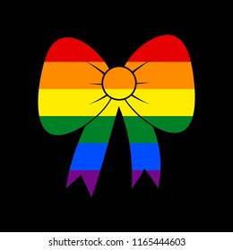 Bow sign illustration. Vector. Icon with colors of LGBT flag at black background.