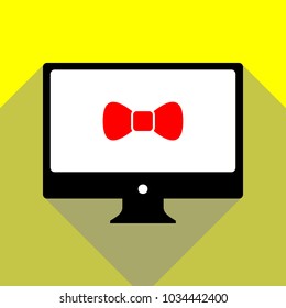 Bow sign illustration. Vector. Red icon on white monitor of black all-in-one desktop computer with two shadows at yellow background.