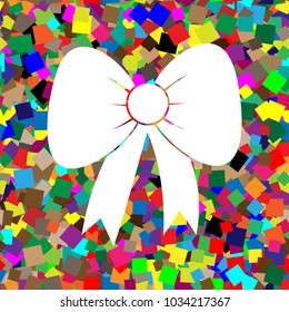 Bow sign illustration. Vector. White icon on colorful background with seamless pattern from squares.