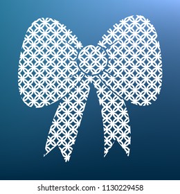 Bow sign illustration. Vector. White textured icon at lapis lazuli gradient background.