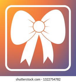 Bow sign illustration. Vector. White icon on transparent button at orange-violet gradient background.