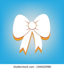 Bow sign illustration. Vector. White icon with 3d warm-colored gradient body at sky blue background.