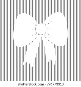 Bow sign illustration. Vector. White icon on grayish striped background. Optical illusion.