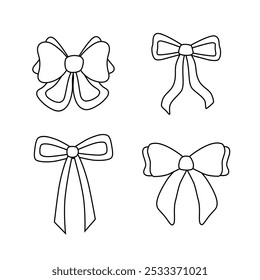 Bow silhouette set for gift wrapping for birthday, Christmas, New Year. Bow outline. Bow coquette y2k aesthetic ribbon, elegant accessory,  tie isolated on white background.  