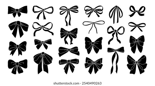 Bow silhouettes. Decorative gift ribbon. Simple black festive wrapping bows. Decor textile strips for packaging presents, for holiday cards. Wrapping bows stencil vector set.