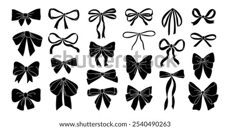 Bow silhouettes. Decorative gift ribbon. Simple black festive wrapping bows. Decor textile strips for packaging presents, for holiday cards. Wrapping bows stencil vector set.
