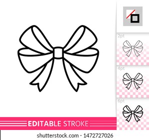 Bow single thin line icon. Ribbon flat banner. Gift design, present decoration linear pictogram. Simple illustration, outline symbol. Vector sign isolated on white. Editable stroke icons without fill