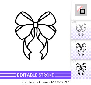 Bow single thin line icon. Ribbon flat banner. Gift design, present decoration linear pictogram. Simple illustration, outline symbol. Vector sign isolated on white. Editable stroke icons without fill