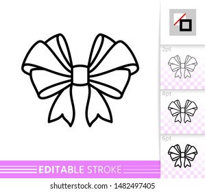 Bow single thin line icon. Ribbon flat banner. Gift design, present decoration linear pictogram. Simple illustration, outline symbol. Vector sign isolated on white. Editable stroke icons without fill