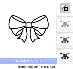 Bow single thin line icon. Ribbon flat banner. Gift design, present decoration linear pictogram. Simple illustration, outline symbol. Vector sign isolated on white. Editable stroke icons without fill